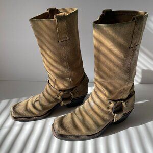 Frye harness distressed leather riding boots, square toe, pull-on